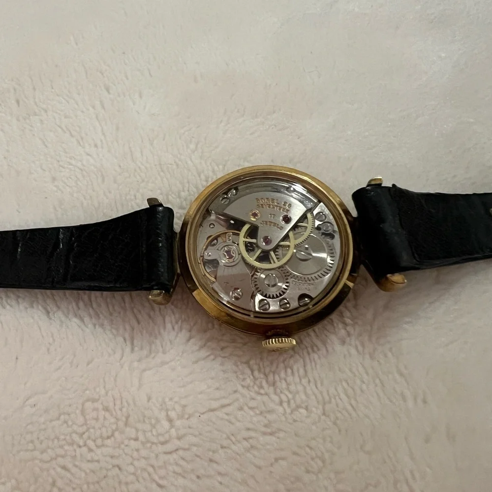 🩷 Ernest Borel 26 Gold-Plated 17🩷 Jewel Kaleidoscope Watch w/ Black Leather Band